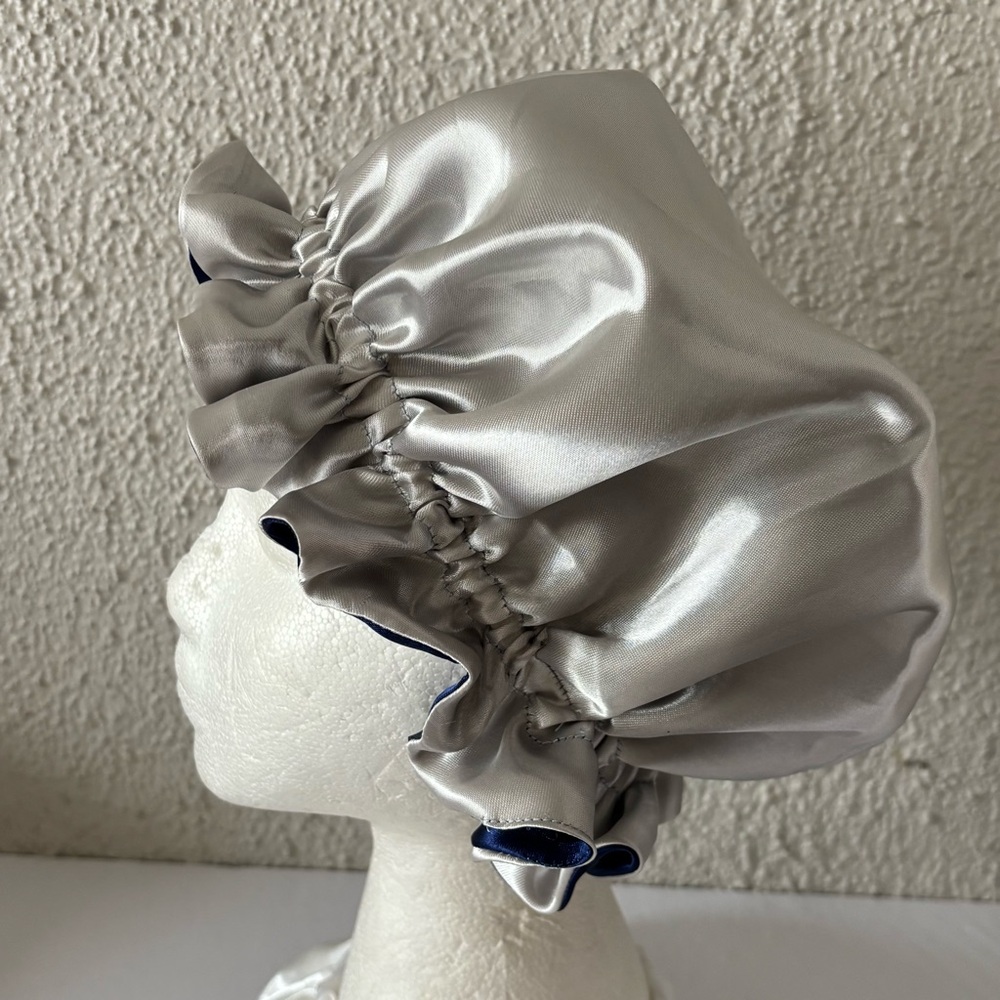 Reversible Satin Sleep Bonnet – Navy Blue & Silver – Extra Large, Elastic Fit - Picture 11 of 16